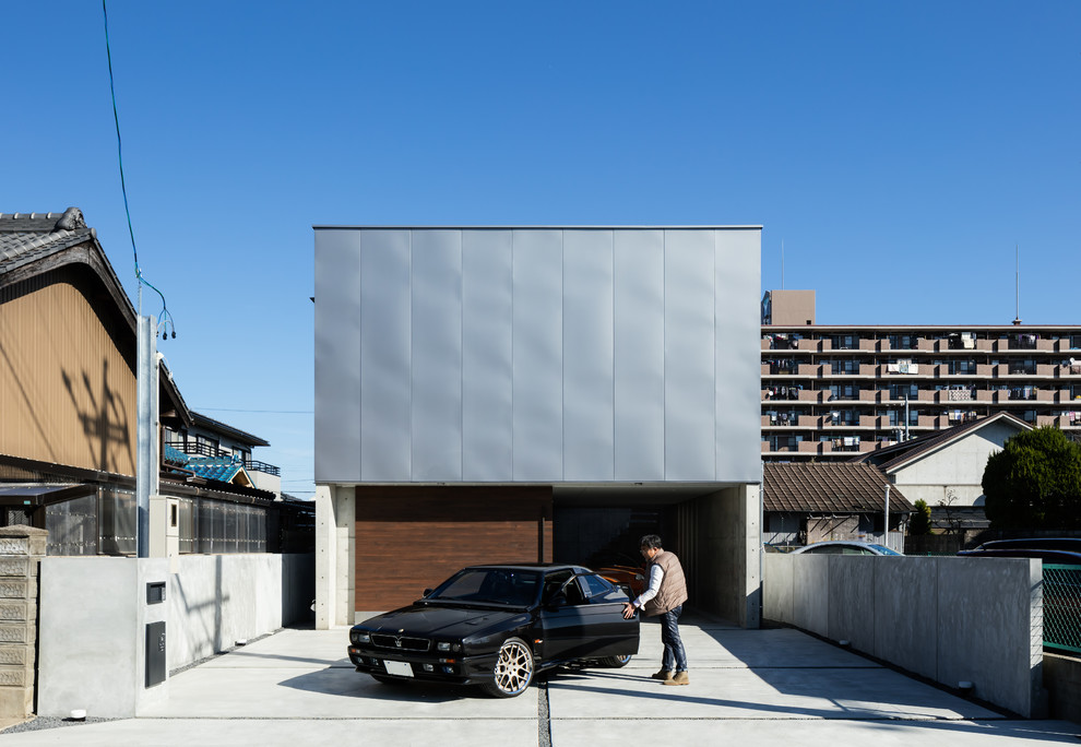 Cette photo montre une grande façade de maison grise moderne à un étage avec un toit en appentis et un toit en métal.