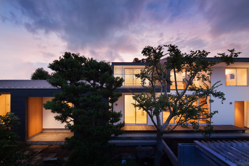 Réalisation d'une grande façade de maison blanche minimaliste en stuc à un étage avec un toit en appentis et un toit en métal.