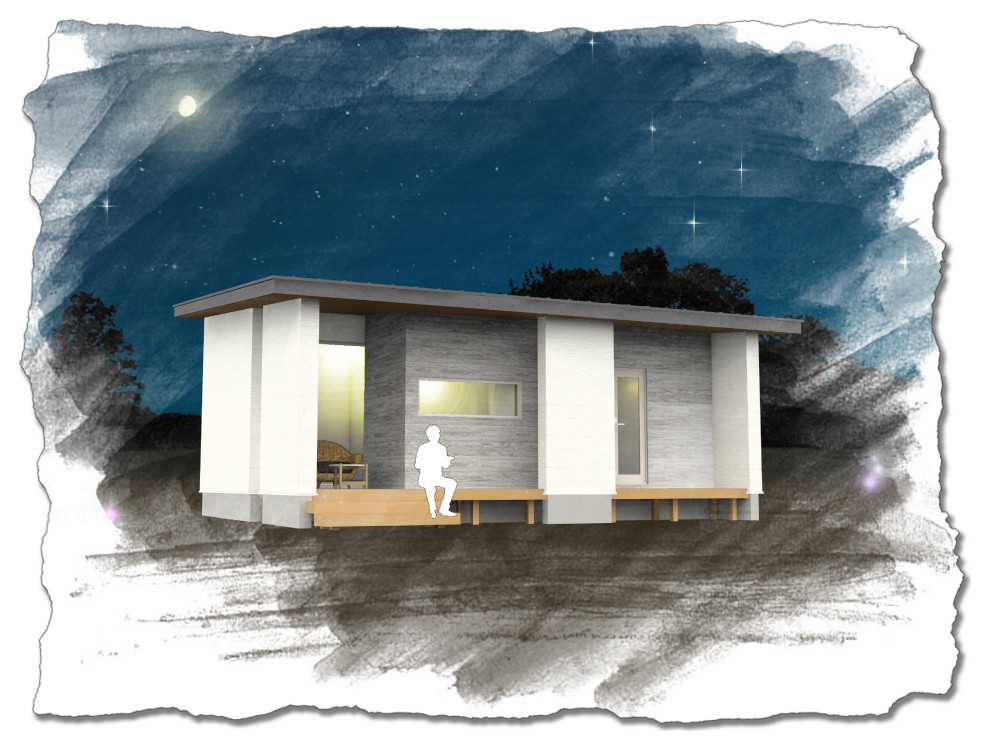 Ispirazione per la facciata di una casa piccola bianca contemporanea a un piano con rivestimenti misti e copertura in metallo o lamiera
