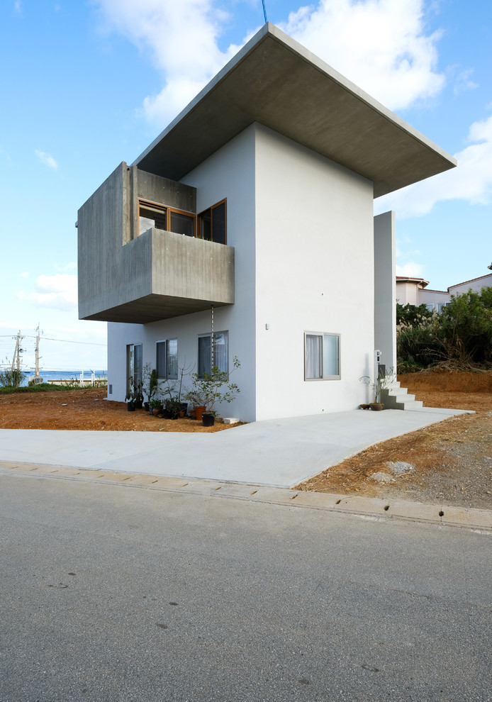 Réalisation d'une façade de maison blanche minimaliste avec un toit plat.