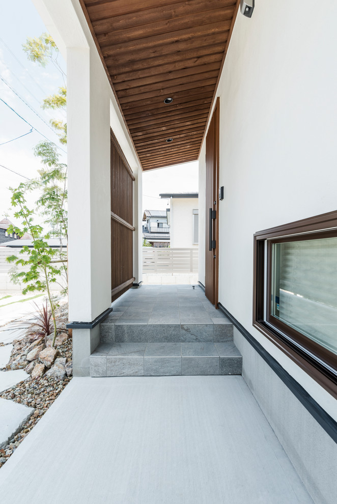 Cette image montre une façade de maison blanche minimaliste à un étage avec un toit en métal.