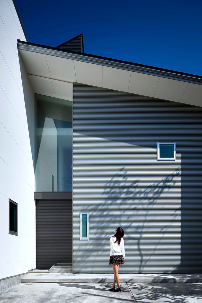 Immagine della casa con tetto a falda unica grigio contemporaneo con rivestimenti misti
