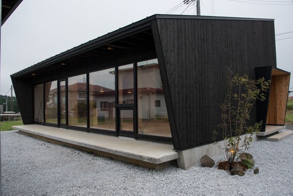 Black world-inspired house exterior in Other with wood cladding and a lean-to roof.