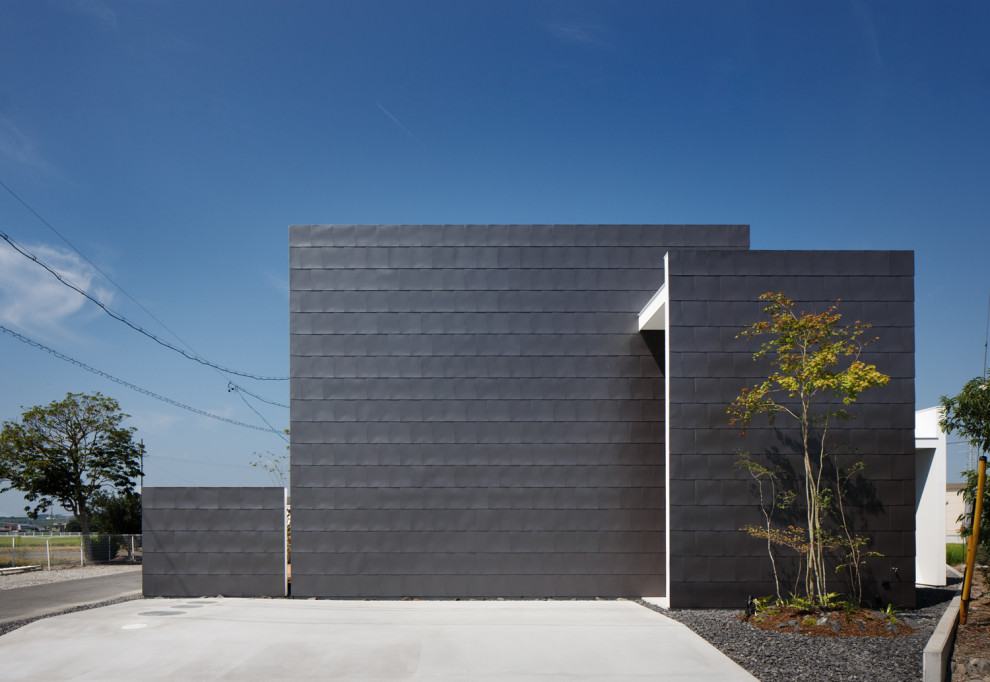 Idée de décoration pour une façade de maison noire minimaliste à un étage avec un toit plat et un toit en métal.