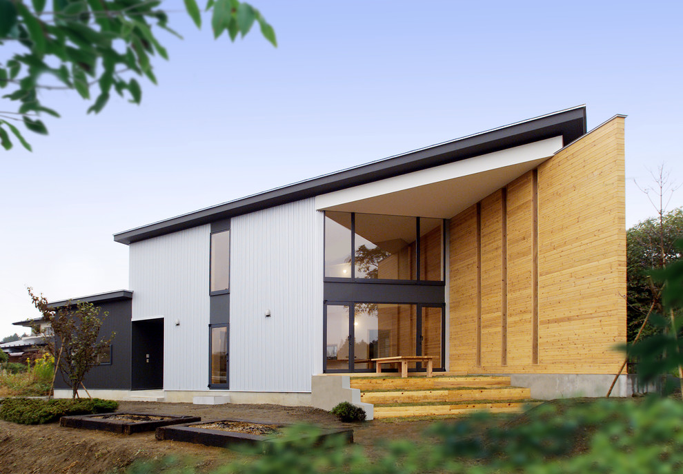 Photo of a white contemporary two floor house exterior in Other with a lean-to roof.