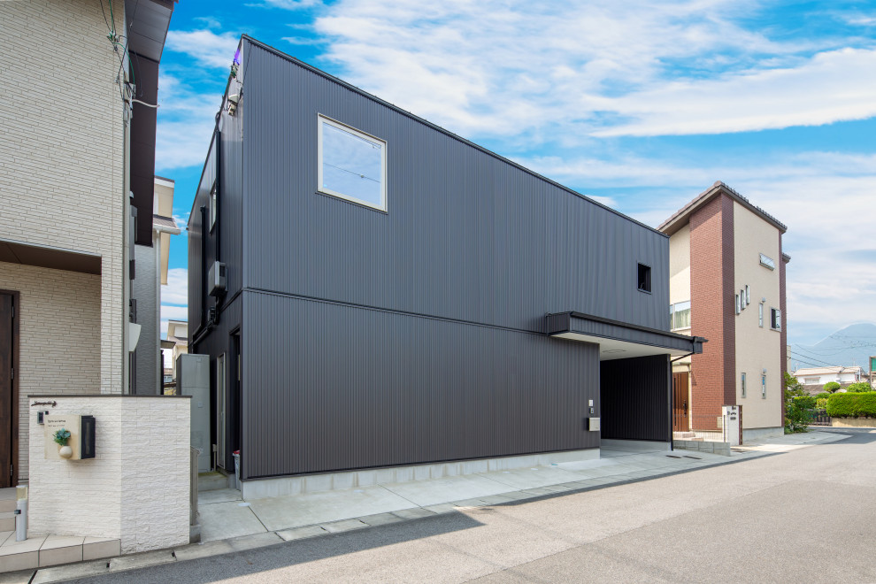 Zweistöckiges Modernes Einfamilienhaus mit Metallfassade, schwarzer Fassadenfarbe, Pultdach und Blechdach in Sonstige