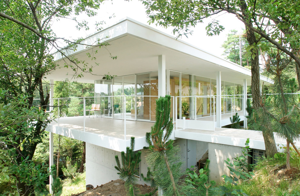 Idée de décoration pour une grande façade de maison blanche minimaliste avec un toit plat et un revêtement mixte.