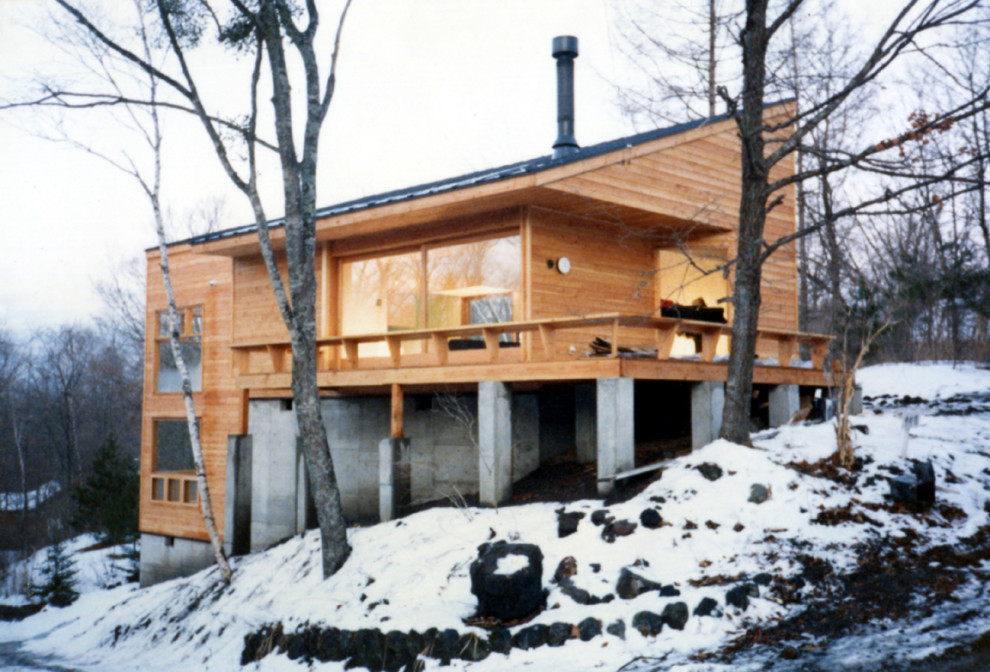 Exemple d'une façade de maison beige moderne en bois de taille moyenne et à un étage avec un toit en appentis et un toit en métal.