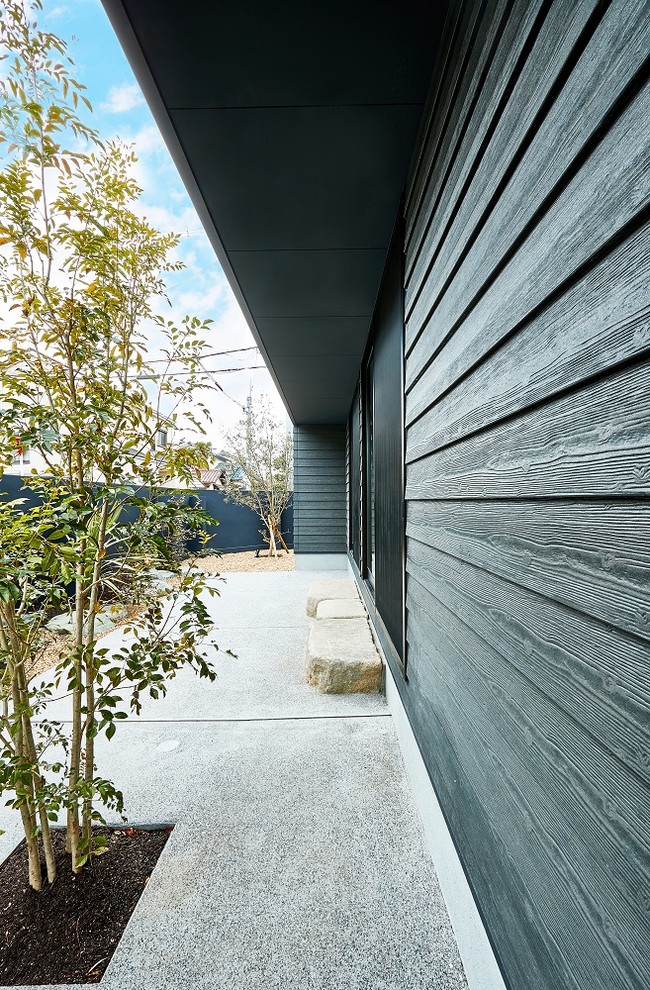 Inspiration pour une façade de maison noire minimaliste à un étage avec un revêtement mixte et un toit en appentis.