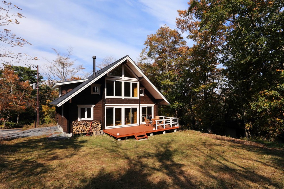 Стильный дизайн: дом из бревен в скандинавском стиле с двускатной крышей - последний тренд