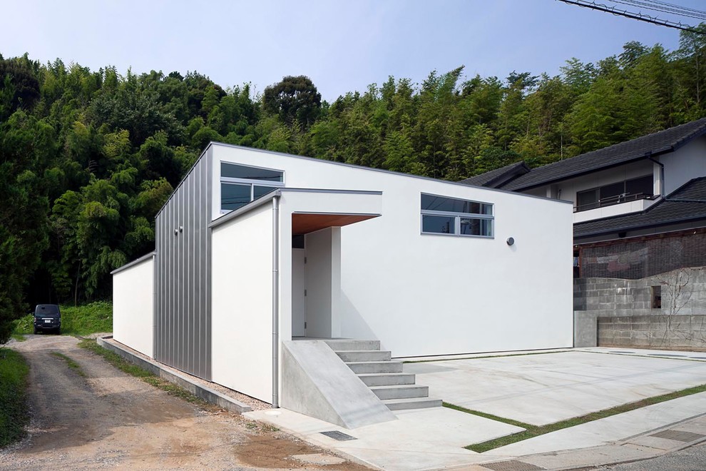 Cette photo montre une façade de maison blanche tendance avec un toit en appentis.