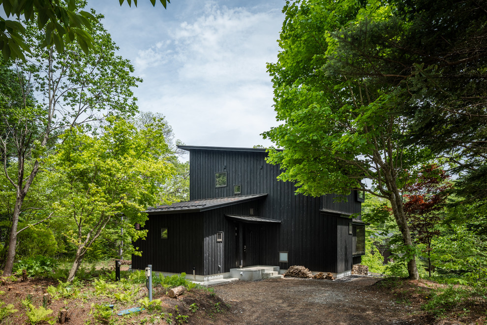 Inspiration pour une façade de maison noire nordique en bois avec un toit en appentis.