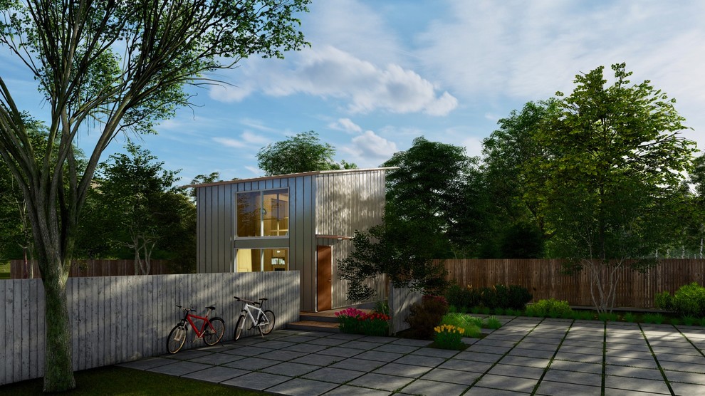 Modelo de fachada de casa gris minimalista pequeña de dos plantas con revestimiento de metal, tejado de un solo tendido y tejado de metal