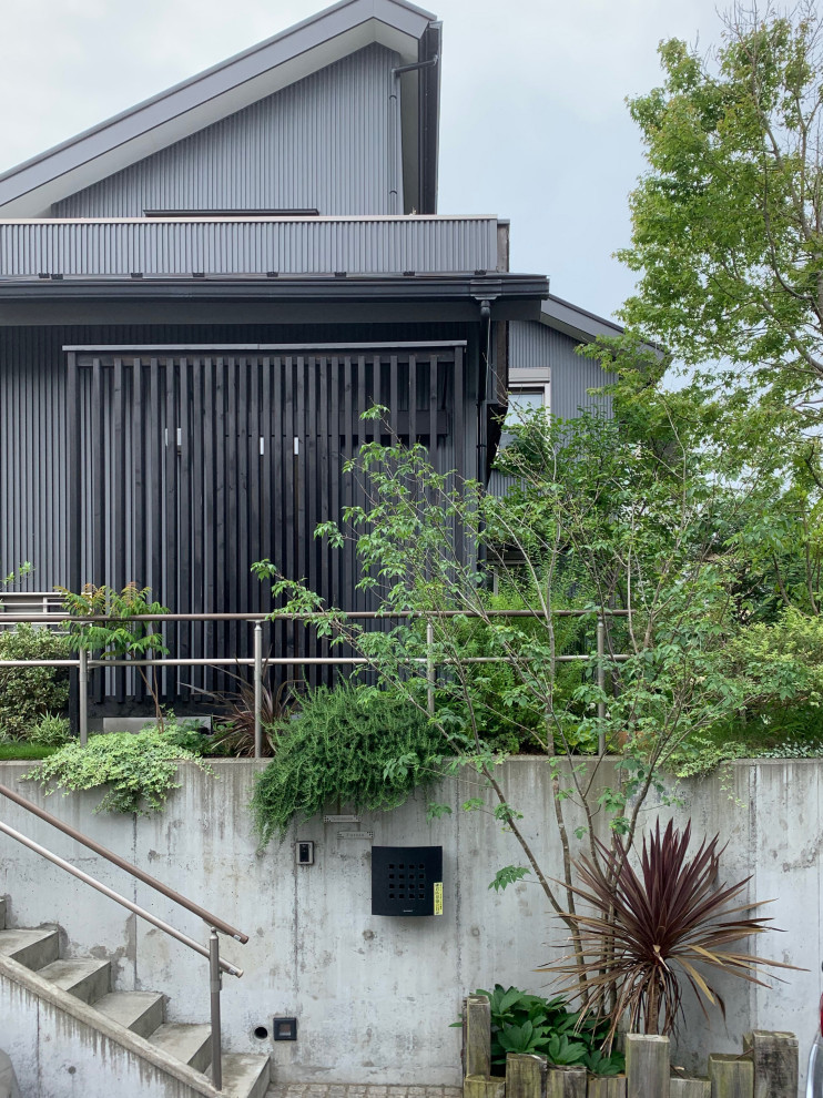 Esempio della facciata di una casa nera a due piani di medie dimensioni con rivestimento in metallo e copertura in metallo o lamiera