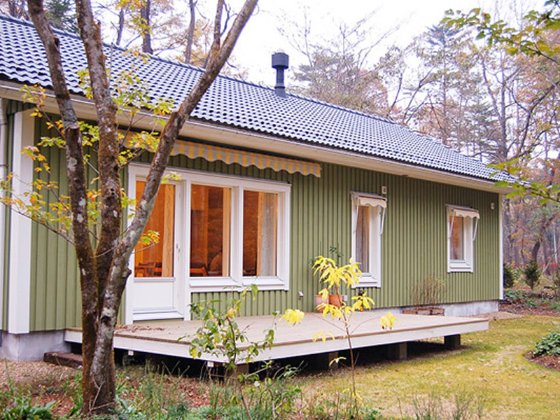 Bild på ett mellanstort skandinaviskt grönt hus, med allt i ett plan, sadeltak och tak med takplattor