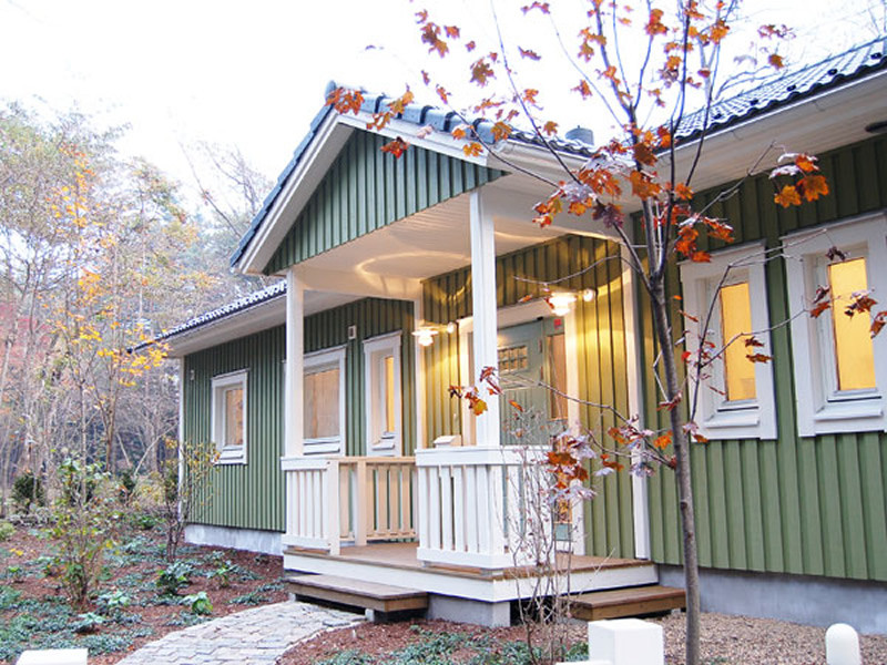 Пример оригинального дизайна: одноэтажный, деревянный, зеленый частный загородный дом среднего размера в скандинавском стиле с двускатной крышей и черепичной крышей