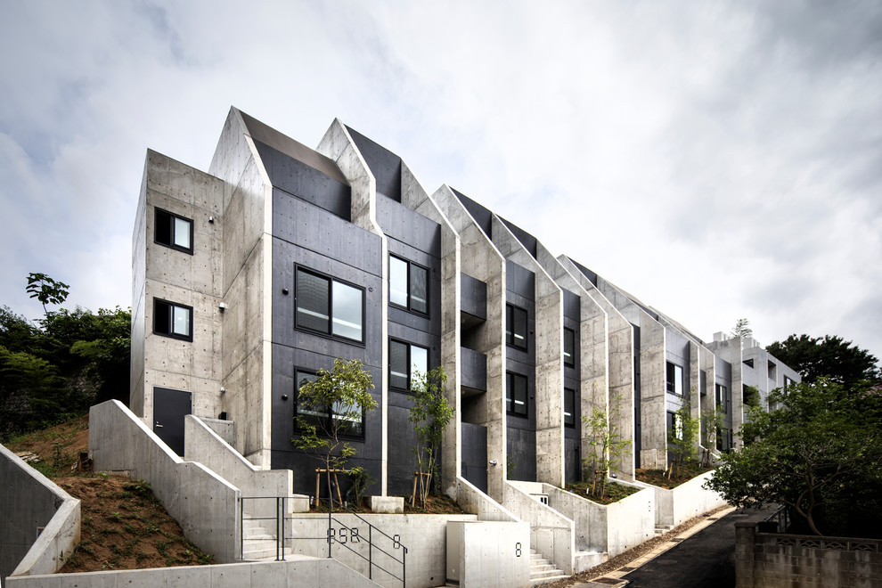 Modernes Wohnung mit Betonfassade und grauer Fassadenfarbe