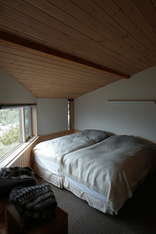 他の地域にあるモダンスタイルのおしゃれな主寝室 (白い壁、カーペット敷き、暖炉なし、茶色い床) のインテリア