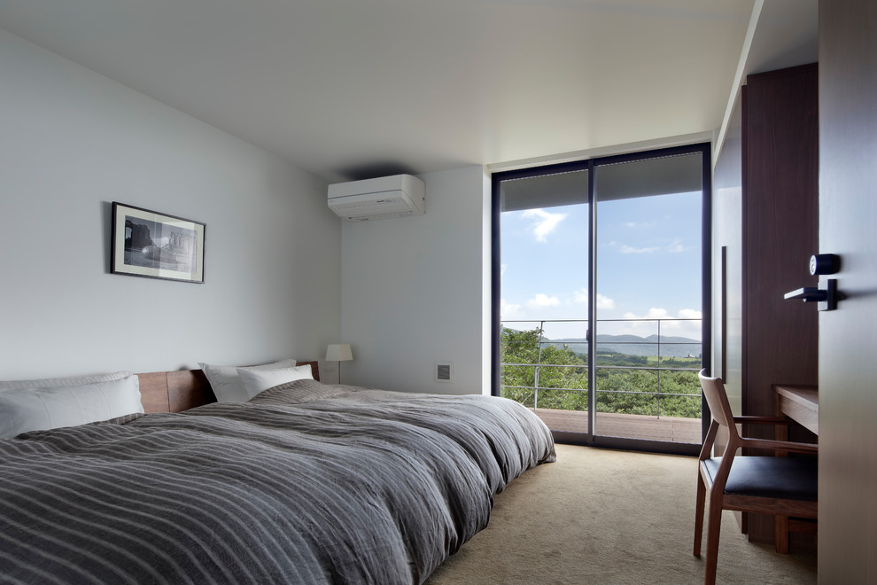 Foto di una camera da letto minimalista di medie dimensioni con pareti bianche, moquette e pavimento marrone