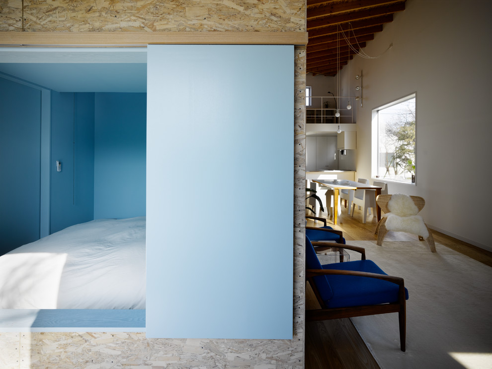 Imagen de dormitorio principal minimalista grande con paredes azules, suelo de contrachapado y suelo marrón