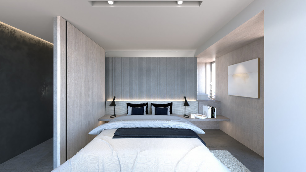 東京23区にある小さなコンテンポラリースタイルのおしゃれな主寝室 (ベージュの壁、コンクリートの床、暖炉なし、グレーの床) のインテリア