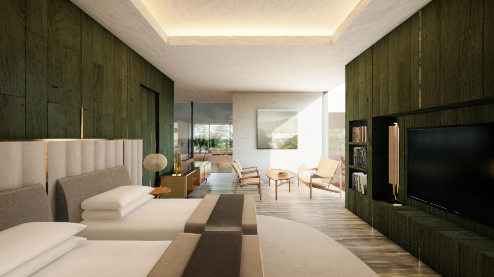 Идея дизайна: большая хозяйская спальня в стиле модернизм с зелеными стенами, полом из известняка, серым полом, многоуровневым потолком и стенами из вагонки