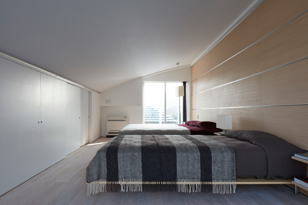 Cette image montre une chambre parentale minimaliste de taille moyenne avec un mur blanc, parquet clair et aucune cheminée.