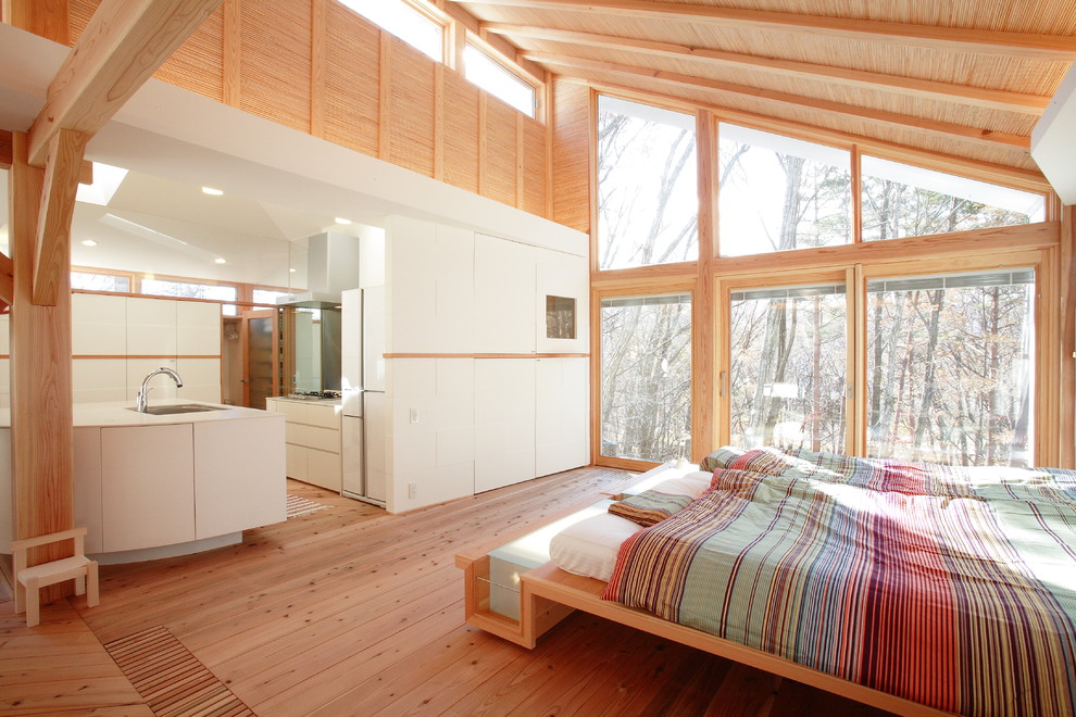Modern inredning av ett sovrum, med vita väggar, mellanmörkt trägolv och brunt golv