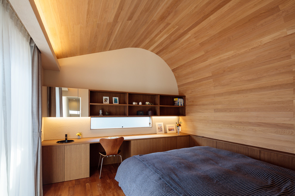 Свежая идея для дизайна: спальня в восточном стиле с белыми стенами, паркетным полом среднего тона и коричневым полом - отличное фото интерьера