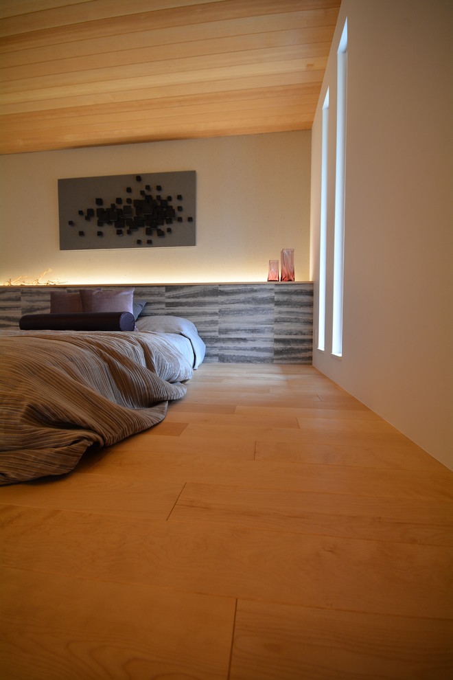 Immagine di una piccola camera matrimoniale minimalista con pareti bianche, parquet chiaro, nessun camino e pavimento bianco