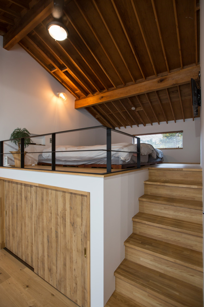 Kleines Industrial Schlafzimmer ohne Kamin, im Loft-Style mit weißer Wandfarbe, hellem Holzboden und beigem Boden in Sonstige