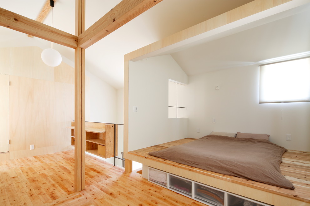 Esempio di una camera da letto industriale con pareti bianche, parquet chiaro e pavimento beige