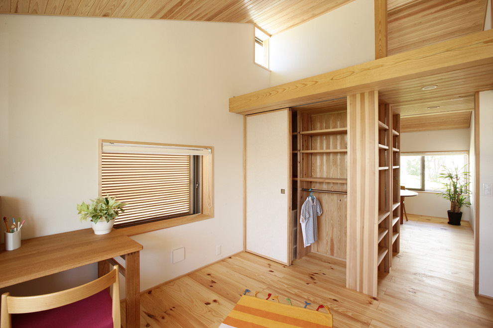 Modelo de dormitorio de estilo zen con paredes blancas y suelo de madera clara