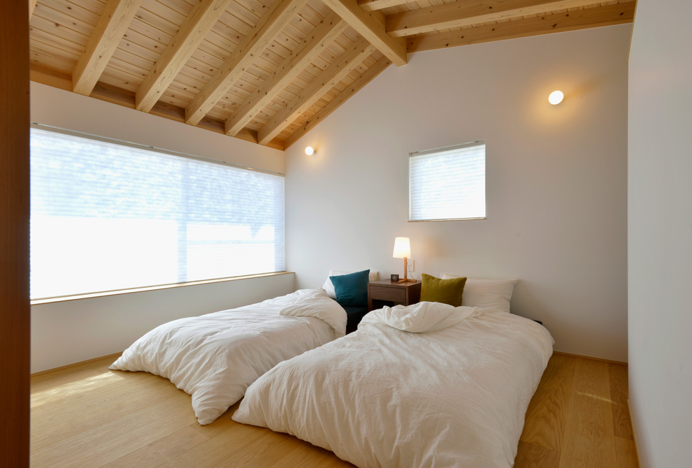 Inspiration for a medium sized scandinavian guest bedroom in Other with white walls and light hardwood flooring.