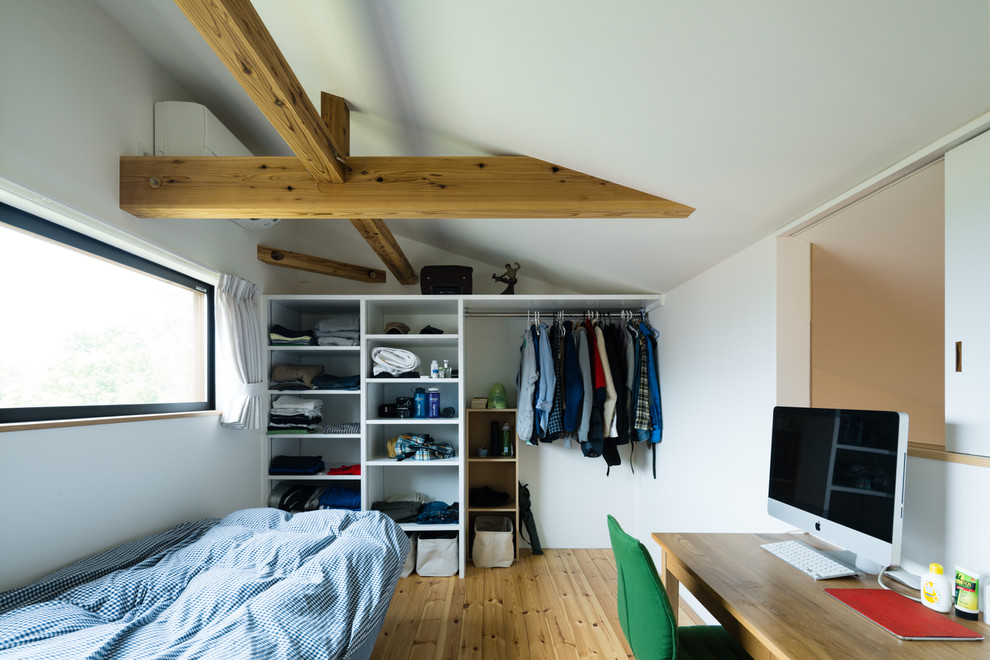 Inspiration för ett funkis sovrum, med vita väggar, mellanmörkt trägolv och brunt golv