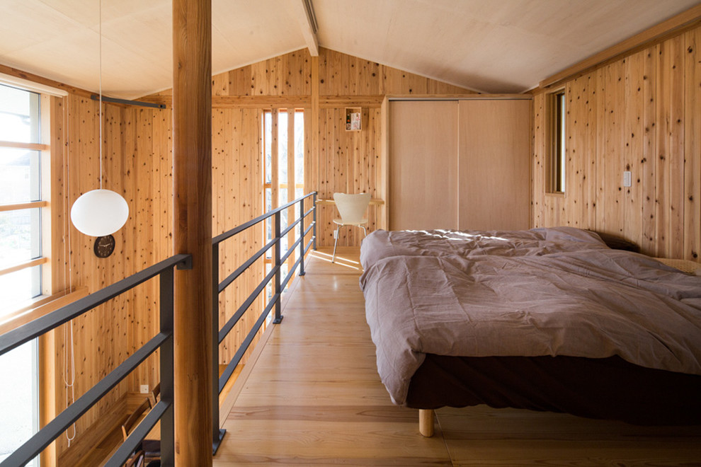 Идея дизайна: хозяйская спальня среднего размера в восточном стиле с коричневыми стенами, паркетным полом среднего тона и коричневым полом без камина
