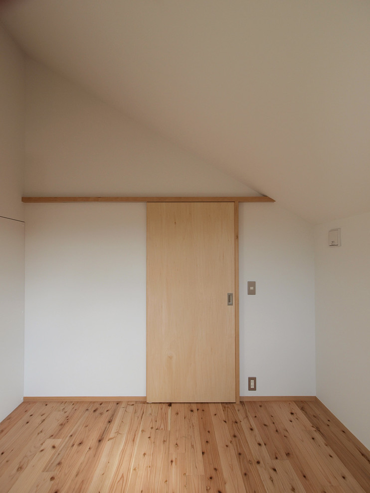 Design ideas for a scandi bedroom in Tokyo with white walls, light hardwood flooring and beige floors.
