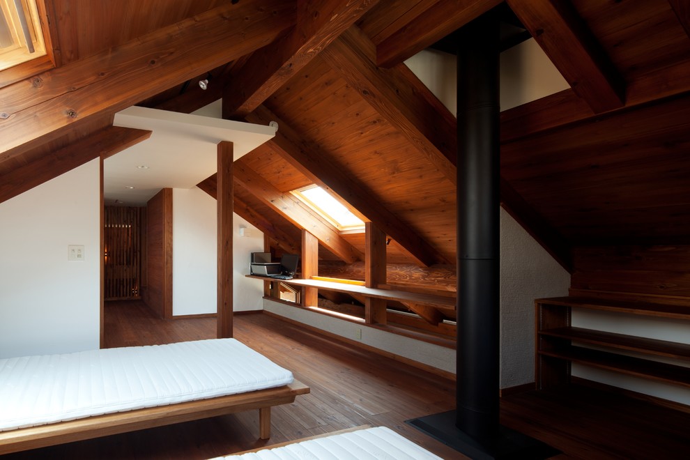 Modelo de dormitorio de estilo zen con paredes blancas, suelo de madera oscura, estufa de leña y suelo marrón