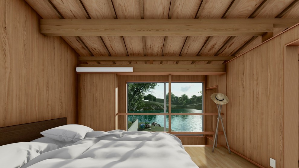 Идея дизайна: маленькая хозяйская спальня в скандинавском стиле с бежевыми стенами, паркетным полом среднего тона и бежевым полом для на участке и в саду