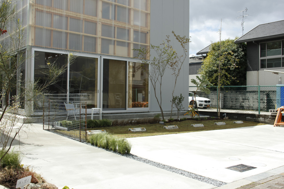 Immagine di un bordo prato moderno esposto a mezz'ombra di medie dimensioni e davanti casa con pavimentazioni in cemento