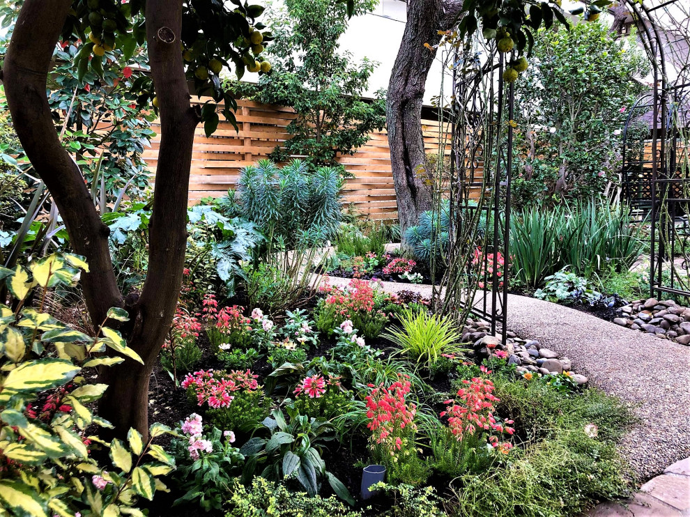 Immagine di un giardino country esposto in pieno sole di medie dimensioni e in cortile in inverno con pavimentazioni in pietra naturale e recinzione in legno