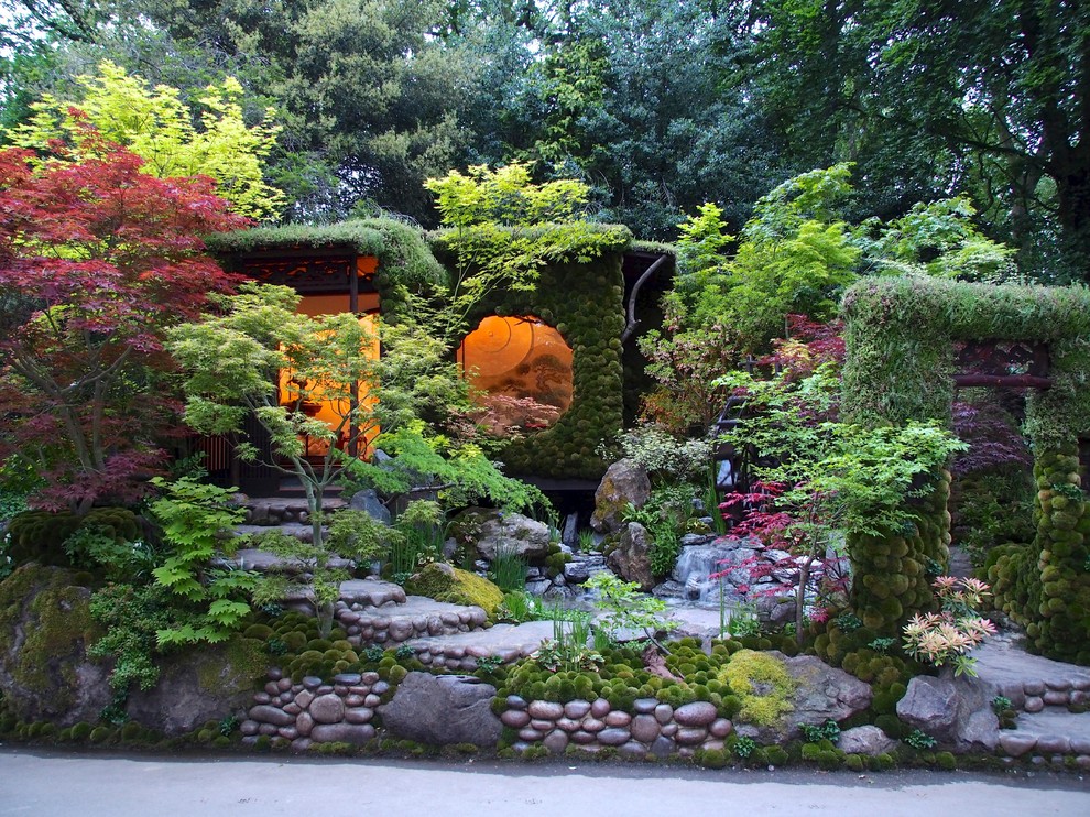 Пример оригинального дизайна: участок и сад на переднем дворе в восточном стиле