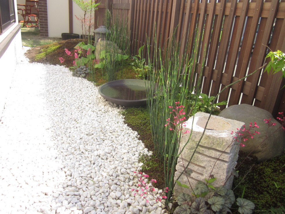 Modelo de jardín asiático en patio lateral con fuente, exposición reducida al sol y gravilla