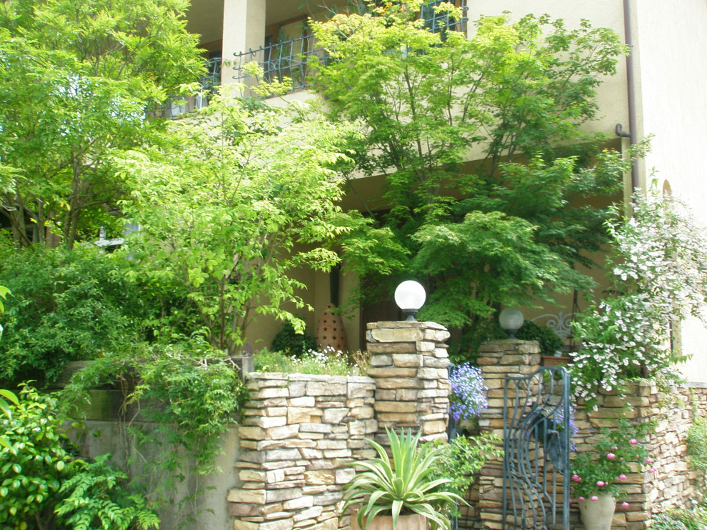 Exemple d'un jardin avant de taille moyenne et au printemps avec une exposition partiellement ombragée, des pavés en pierre naturelle et une clôture en pierre.