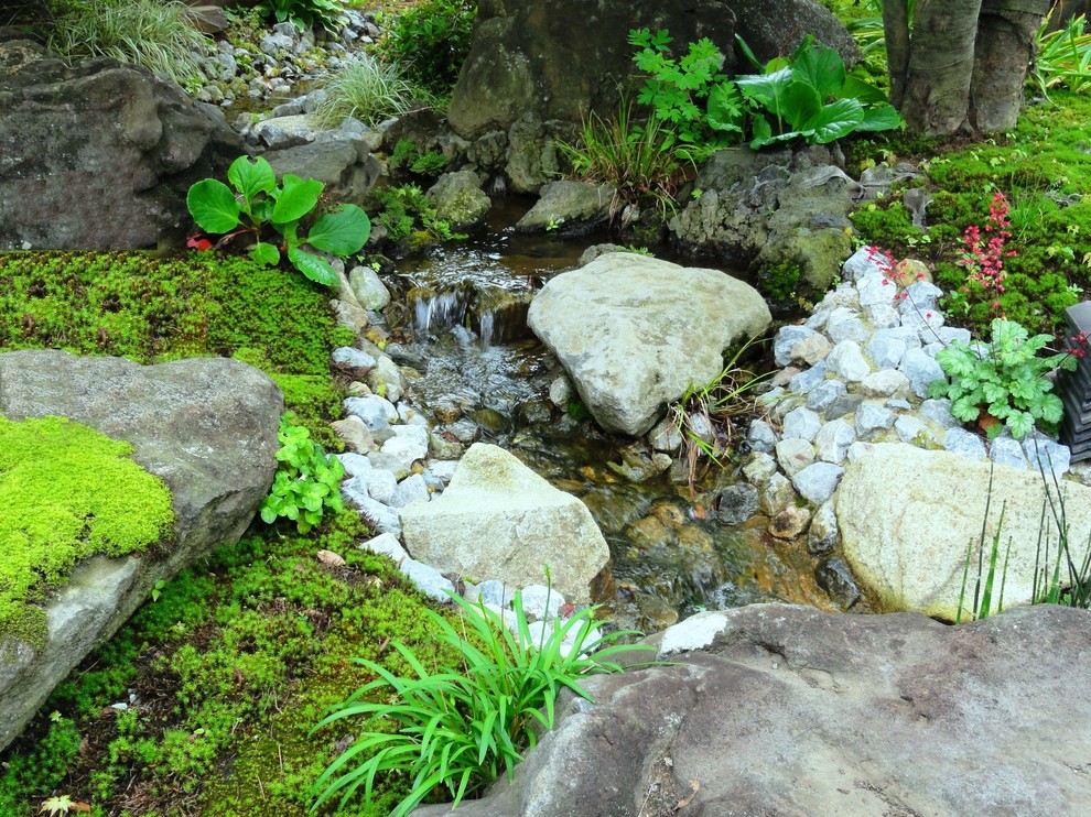 Foto de jardín asiático extra grande con estanque, exposición total al sol y adoquines de piedra natural