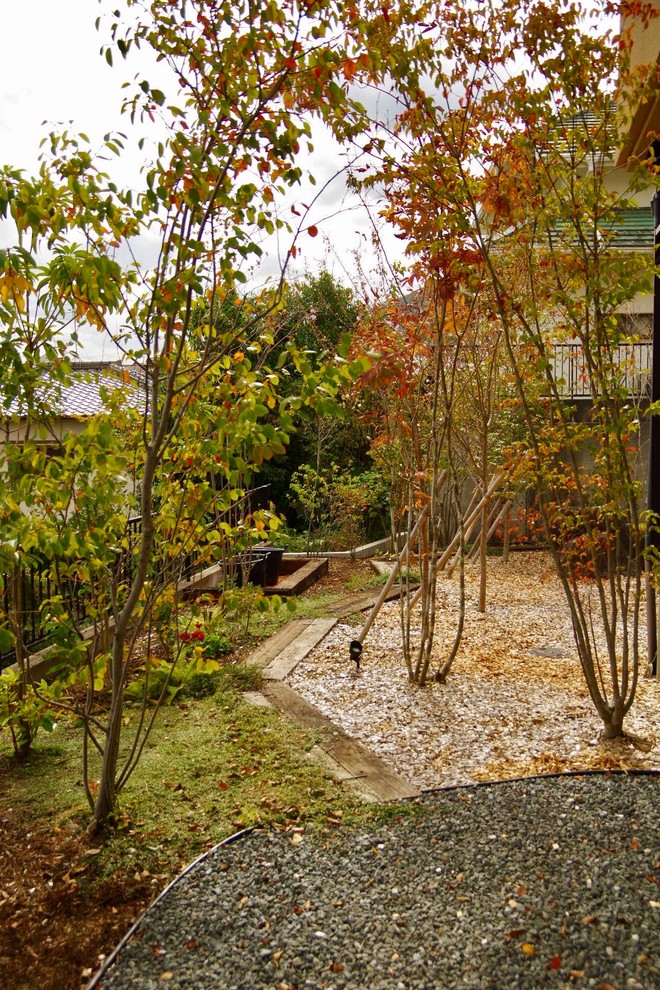 Immagine di un grande giardino etnico esposto in pieno sole nel cortile laterale in estate con pacciame