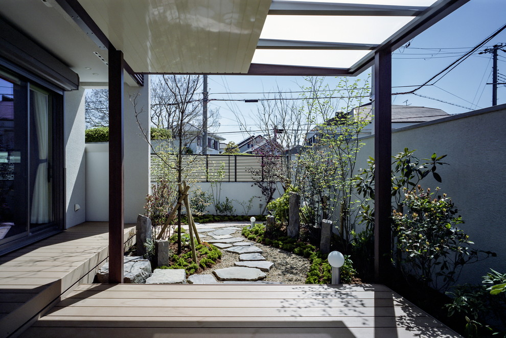 Idée de décoration pour un jardin japonais avant asiatique au printemps avec une exposition ensoleillée et du gravier.