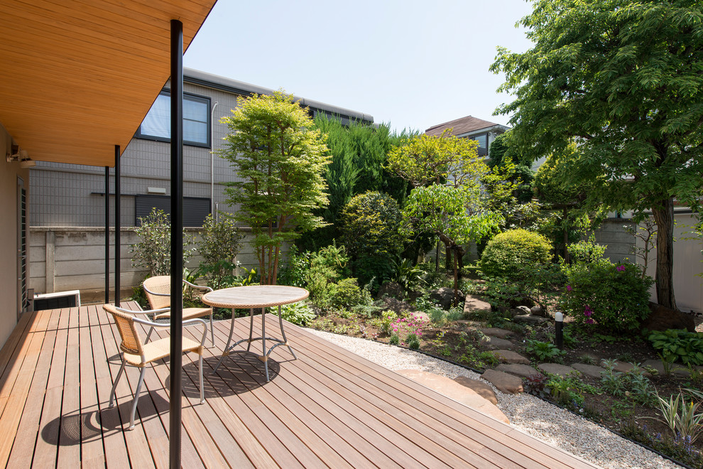Asiatischer Japanischer Garten hinter dem Haus mit Dielen in Tokio