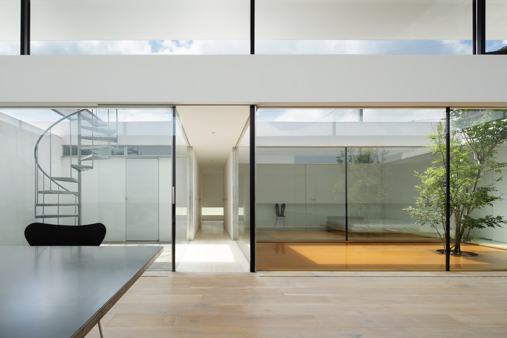 Источник вдохновения для домашнего уюта: большой коридор в стиле модернизм с светлым паркетным полом и белыми стенами