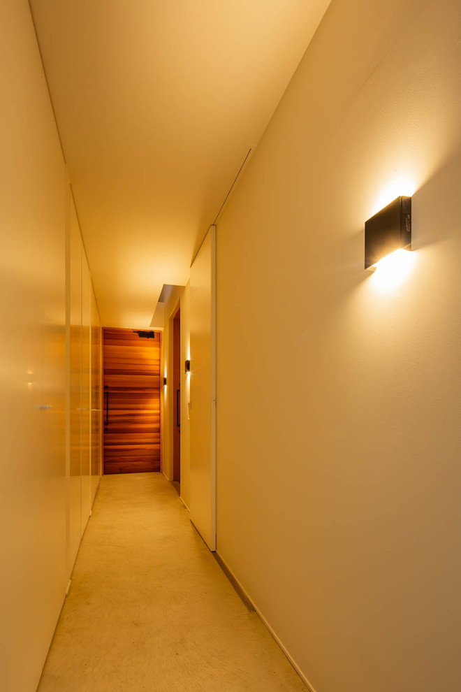 Imagen de recibidores y pasillos de estilo zen pequeños con paredes blancas, suelo de cemento y suelo gris